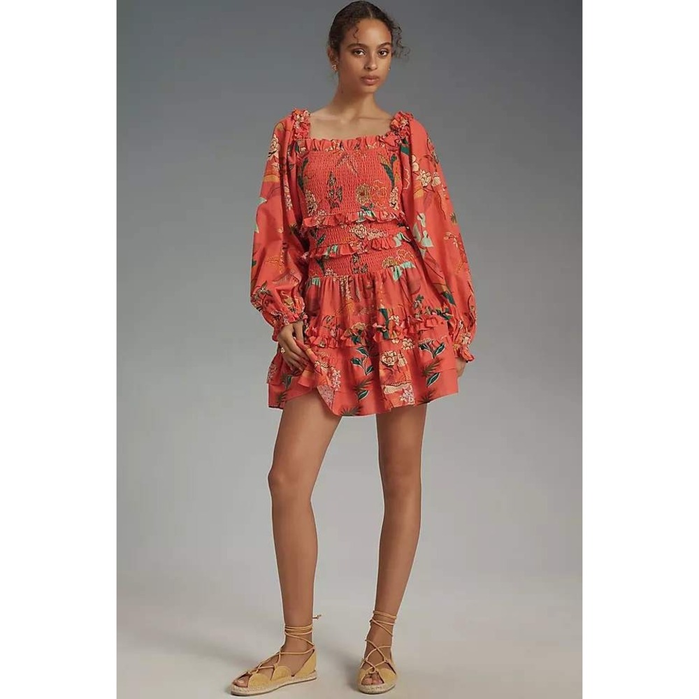 Farm Rio x‎ Anthropologie Smocked Ruffle Mini Dress Tropical Resortwear Vacation